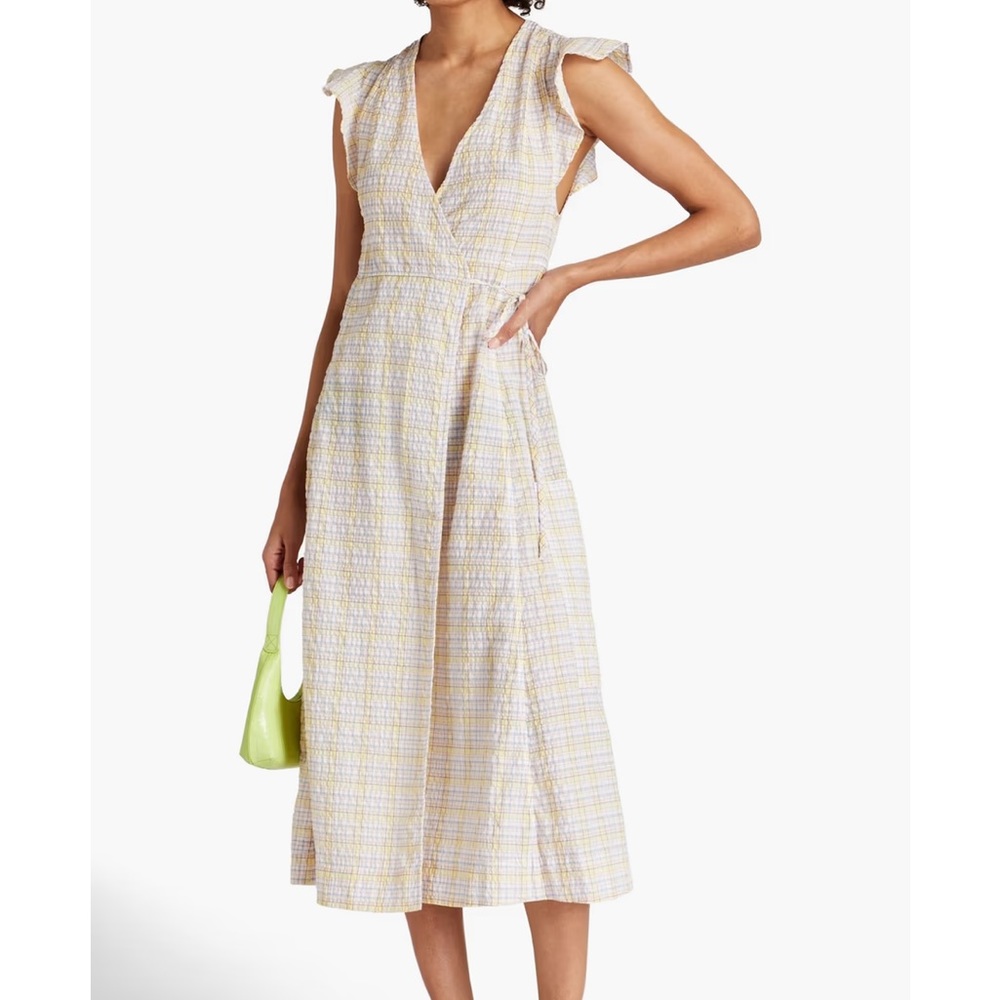 GANNI checked seersucker midi wrap dress